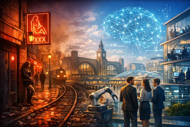 An abstract visualization of the King's Cross transformation in London, from red-light district to AI hub