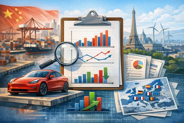 A Tesla Model Y on a road with a split visual representing contrasting sales performance in China and Europe