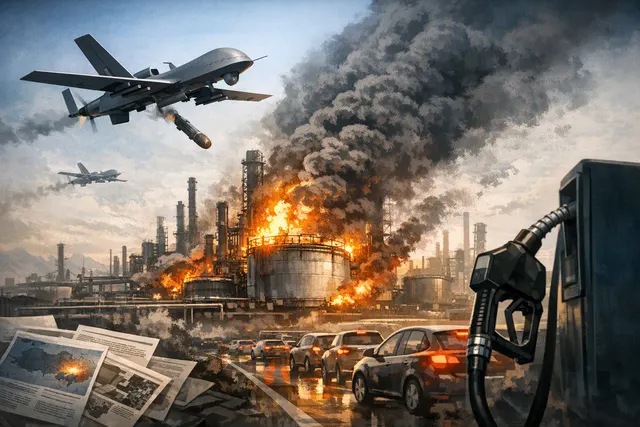 Editorial illustration of drones striking an oil refinery as cars queue at fuel stations in Russia