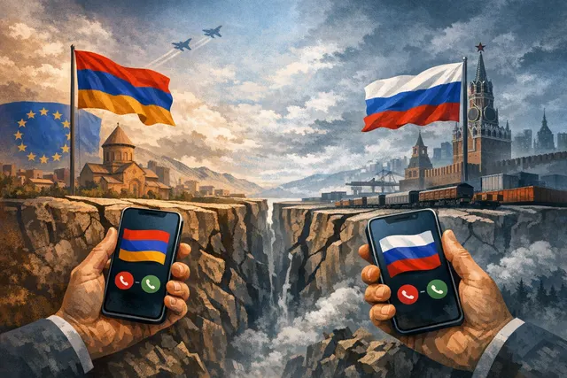 Map of Armenia and Russia with EU flag and trade ban symbols