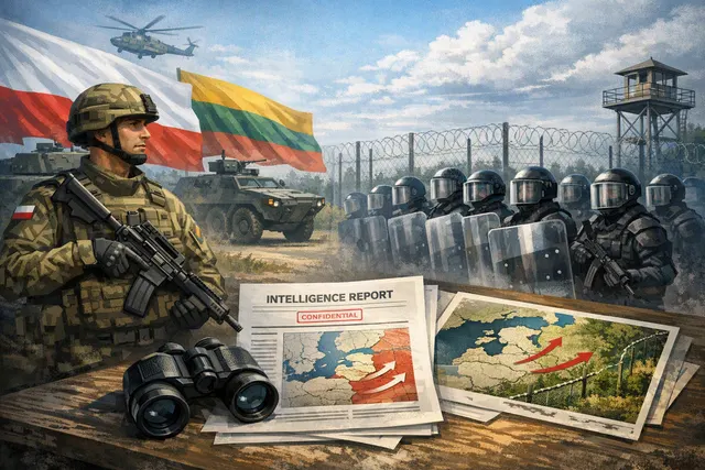 A conceptual illustration of military and police personnel guarding critical infrastructure, such as a dam and an LNG terminal, with a drone silhouette in the sky, representing the