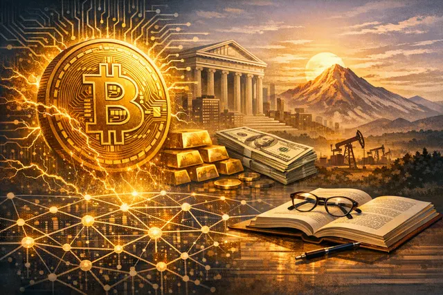 Bitcoin coins arranged in front of a blackboard with economic formulas, representing Michael Saylor's 'digital monetary energy' thesis.
