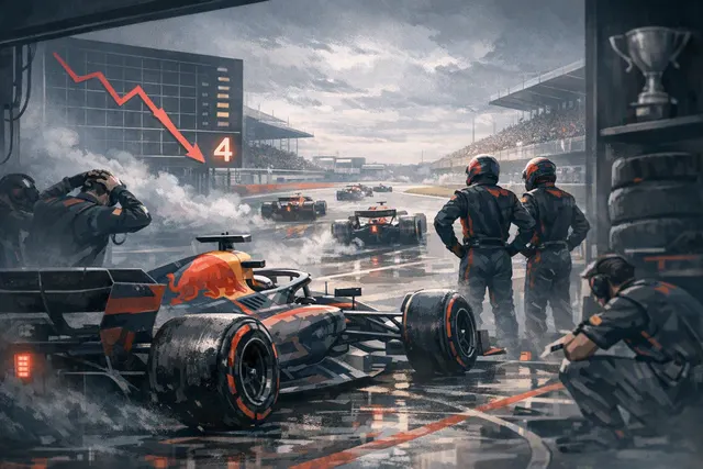 A Red Bull RB22 Formula 1 car on track, symbolizing the team's on-track struggles during a winless 2026 season.