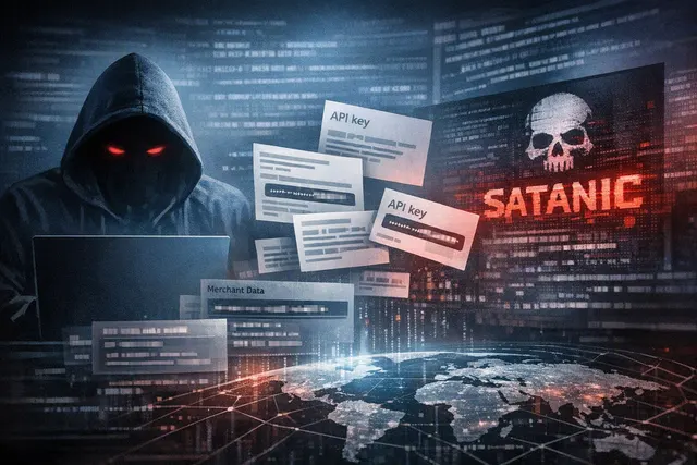 Abstract cybersecurity illustration representing exposed Stripe merchant API keys and payment data