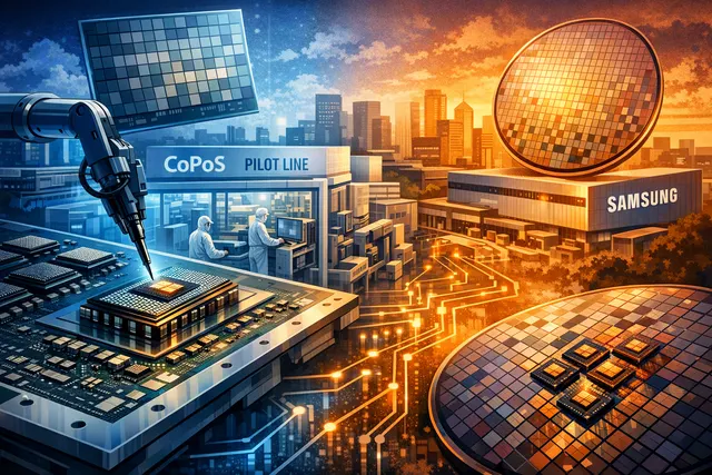 Visualization of TSMC's CoPoS panel-level advanced packaging technology, showing square panels replacing traditional round wafers.
