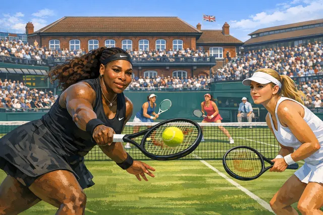 Serena Williams celebrating a point during her comeback doubles match at the 2026 HSBC Championships at Queen's Club.