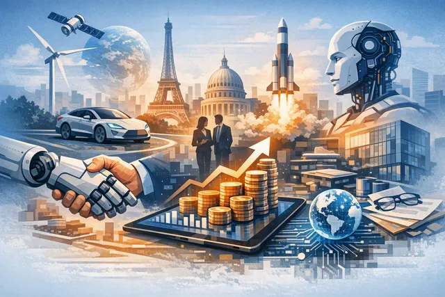 European tech funding landscape illustration showing defense AI, food delivery, health tech, and space startups