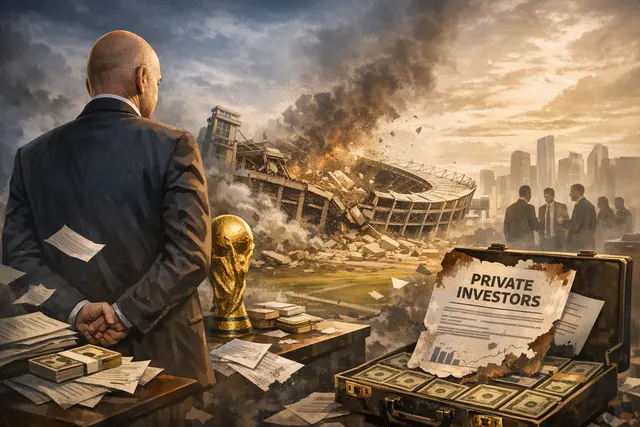 Gianni Infantino facing a leadership crisis at FIFA with a background of a World Cup stadium and financial charts