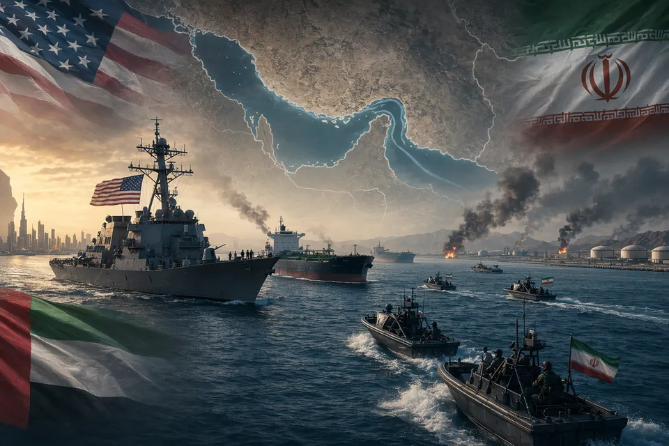 AI-generated illustration of naval ships escorting oil tankers near the Strait of Hormuz during a U.S.–Iran standoff