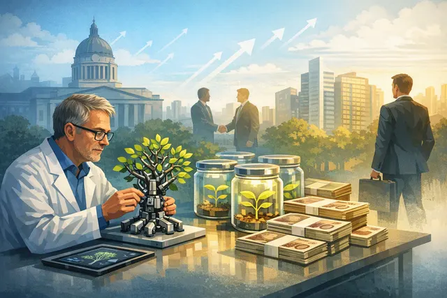 Conceptual illustration of a robot with modular, tree-like software branches representing Kinematic Trees' nature-inspired, robot-agnostic intelligence platform.