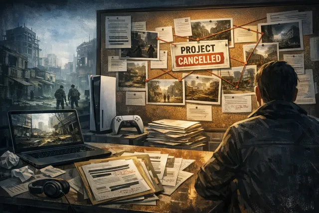 Dramatic editorial illustration representing Naughty Dog’s cancelled The Last of Us Online multiplayer project and its impact on Intergalactic