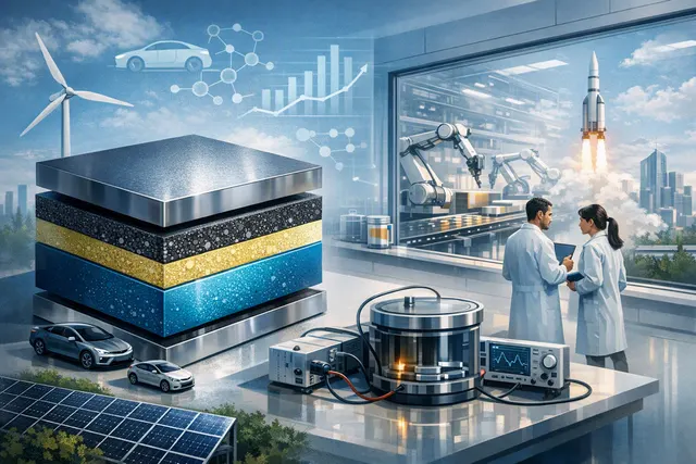 Abstract visualization of all-solid-state battery cell layers in a futuristic industrial setting