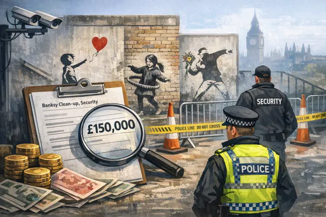 AI-generated image of a Banksy-style stencilled mural on a stone building, showing a judge in a wig raising a gavel above a protester, surrounded by onlookers and security barriers