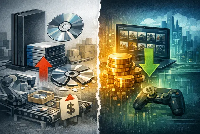 PlayStation 5 console with a game disc partially inserted, symbolizing the debate over physical versus digital game distribution