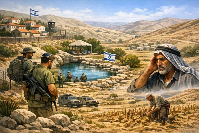 AI-generated editorial image of a dry, cracked landscape in the West Bank with a distant settlement and diverted spring, illustrating the seizure of Palestinian water resources by