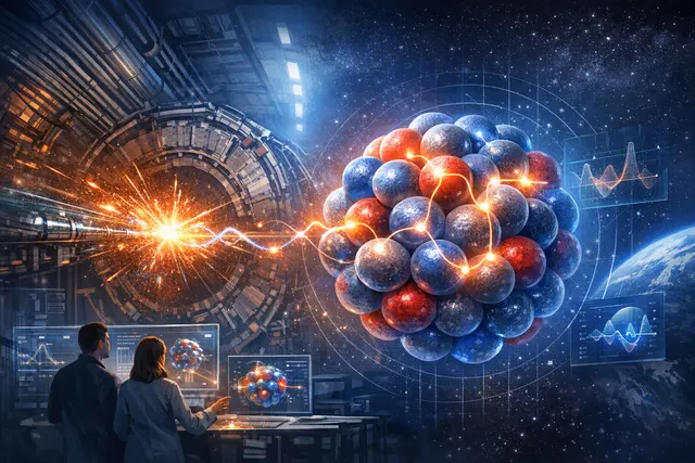 A conceptual illustration of gluon fields inside a lead nucleus, with a high-energy photon probing subnucleonic structures at the 0.2-femtometer scale.
