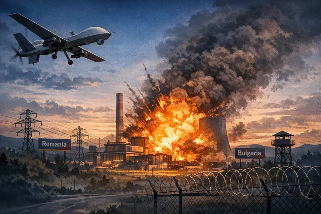 AI-generated editorial image depicting a drone explosion near a gas pipeline in a rural field.