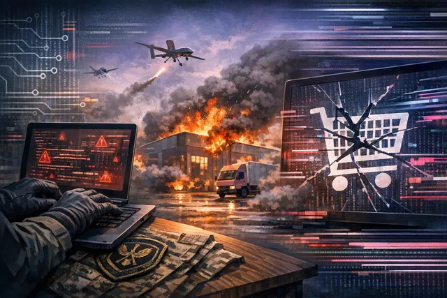 Illustration of a cyberattack disrupting an e-commerce platform and logistics network