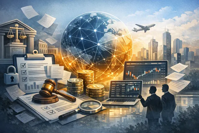 Abstract visualization of Deribit and Coinbase Exchange integration with regulatory compliance symbols