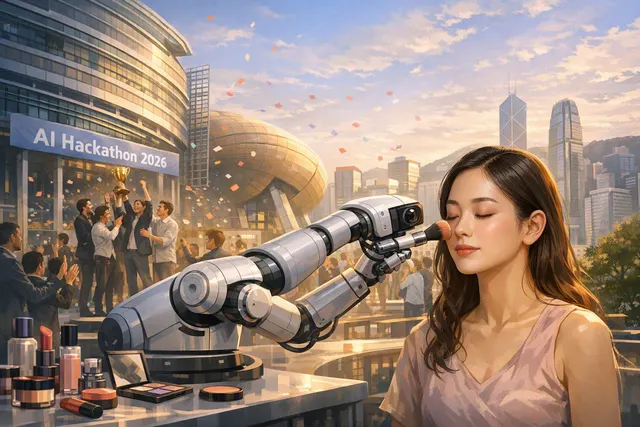 AI-generated concept image of Iron Bestie, the AI-powered robotic makeup arm that won Hong Kong's first Physical AI Hackathon in August 2026