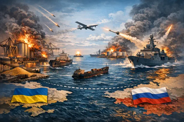 Editorial illustration of cargo ships, grain terminals and wheat shipments under attack in the Black Sea
