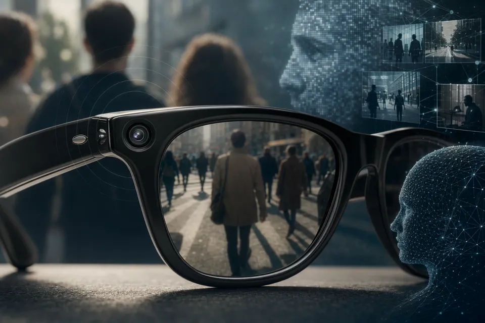 Editorial illustration of Meta Ray-Ban smart glasses highlighting cameras and privacy concerns