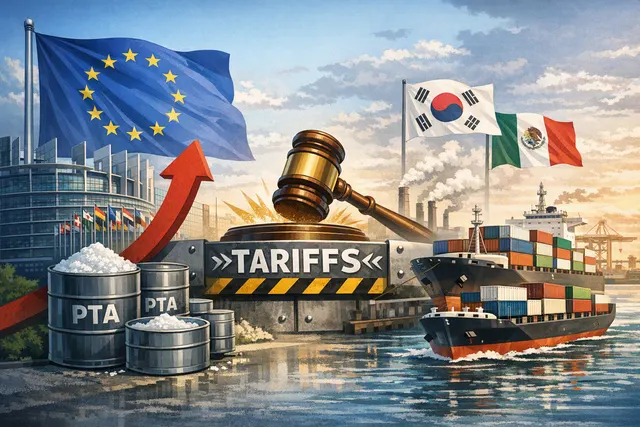 EU flag with shipping containers and industrial chemical barrels in foreground