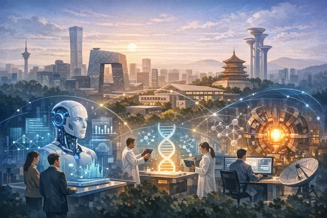 Abstract illustration of Chinese AI research, commercial AI agents, open-source models, robotics, and AI-for-Science infrastructure