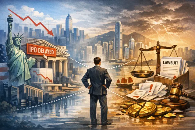 Abstract digital illustration of a stock market chart with a legal gavel and cryptocurrency symbols, representing RedotPay's delayed U.S. IPO and the Binance lawsuit.