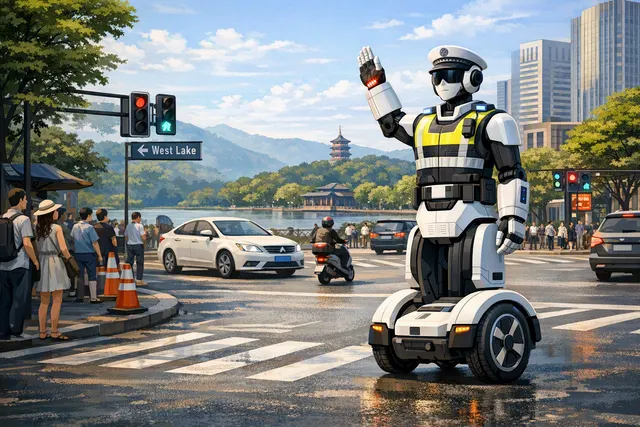 Wheeled humanoid T2 robot directing traffic at a busy Hangzhou intersection
