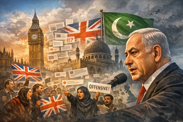 Benjamin Netanyahu speaking at a podium with UK and Israeli flags in the background, illustrating the diplomatic controversy over his 'Islamic Republic of Britain' remark.