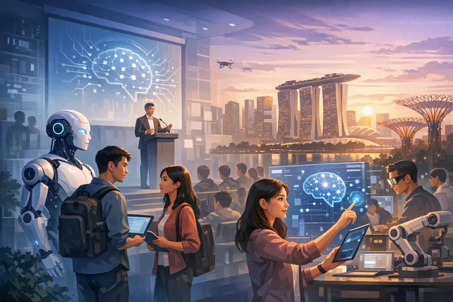 Illustration of university technology students connecting with employers, training and career pathways in Singapore