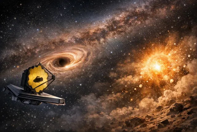 A conceptual image showing the red giant star IRS 3 near the center of the Milky Way galaxy, surrounded by a halo of dust and water molecules, with Sagittarius A* in the background