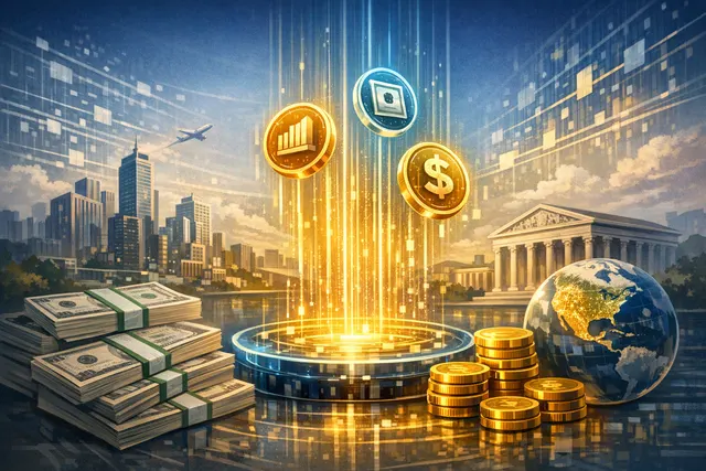 Abstract visualization of tokenized U.S. Treasury assets moving across blockchain networks including the XRP Ledger