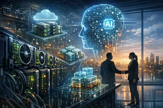 Illustration of an AI data center with NVIDIA GPU servers representing HIVE BUZZ HPC's $350 million cloud contract