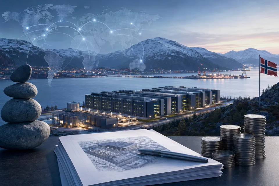 Concept illustration of a large AI data center campus in northern Norway powering thousands of GPUs