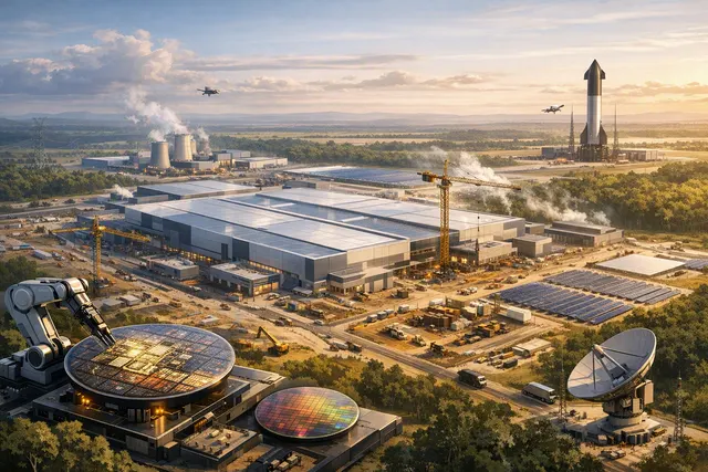 Artist's rendering of the planned Terafab semiconductor megafactory in Grimes County, Texas, showing a massive, modern industrial facility under a dramatic sky.