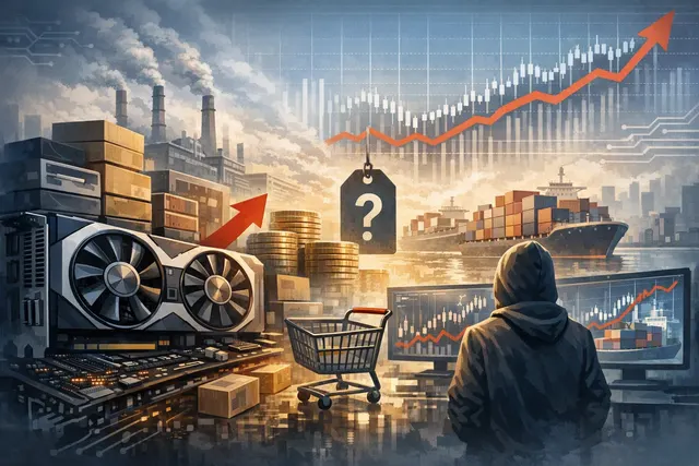 An AI-generated conceptual image representing the 2026 GPU shortage, showing semiconductor chips and memory modules with data center infrastructure in the background.