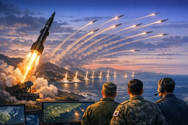 Editorial illustration of North Korean ballistic missile launches over the East Sea during heightened U.S.–South Korean–Japanese tensions