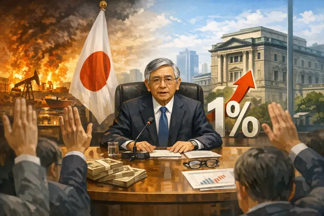 Bank of Japan building with a graph showing an upward interest rate trend against a red and blue economic backdrop.