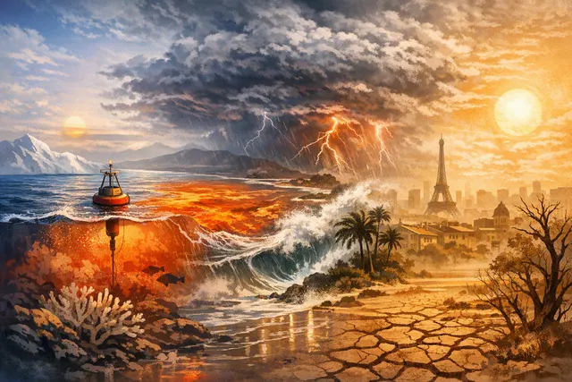 A conceptual image representing the extreme July 2026 climate events: a globe with record ocean temperatures, an intensifying El Niño pattern over the Pacific, wildfires in Western