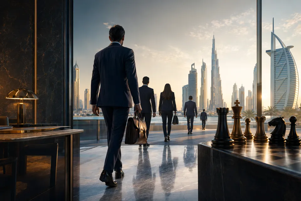 Editorial illustration of private bankers and wealth management competition in the Middle East