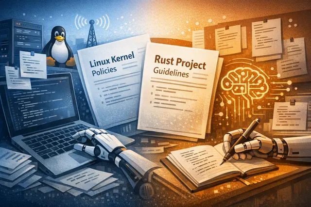 Conceptual illustration of a code editor with AI-generated code contributions and open-source project policies