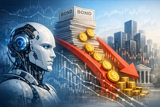 Illustration of AI data centers and financial markets connected by bond and infrastructure financing flows