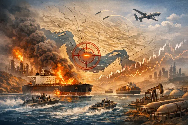 How did escalating geopolitical tensions—including attacks on two ADNOC vessels in the Strait of Hormuz, stalled U.S.–Iran ceasefire negotia