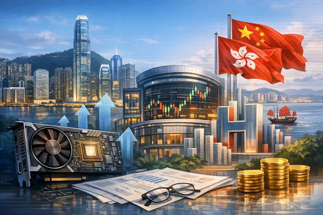 Illustration of an AI graphics processor and Hong Kong skyline representing Moore Threads’ planned listing
