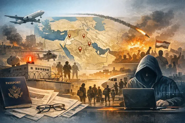 Map of the Middle East with highlighted conflict zones and alert icons representing U.S. embassy security warnings