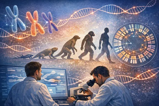 Illustration of animal chromosomes branching into distinct evolutionary pathways