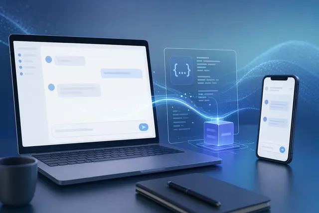 DeepSeek 웹, 모바일 앱, API 사용 흐름을 보여주는 추상적인 AI 인터페이스 일러스트