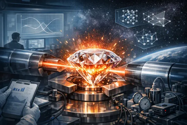 A visual representation of diamond under extreme pressure and temperature, with a laser-driven shock compression setup and planetary interior models in the background.